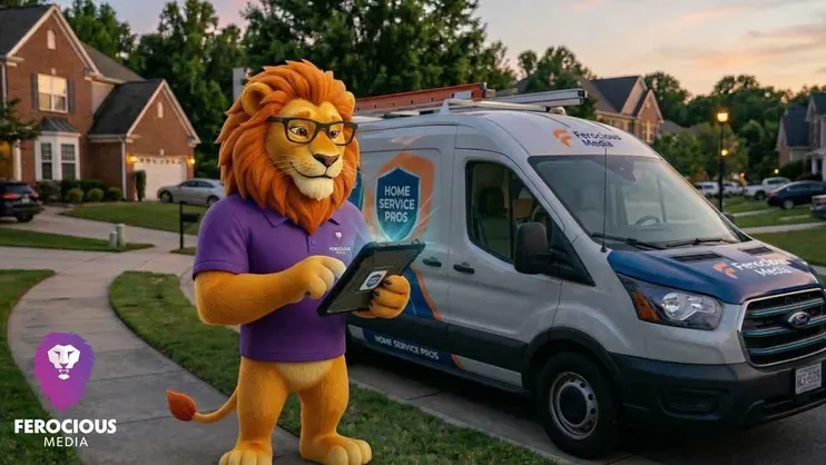 Ferocious lion holding an iPad next to a service van