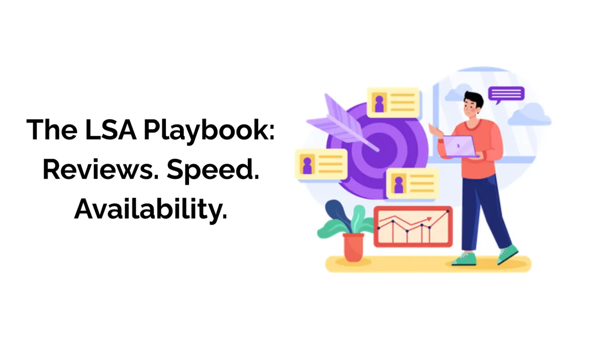 The words "The LSA Playbook: Reviews. Speed. Availability." to the left of a colorful drawing featuring a person amongst several items related to digital marketing