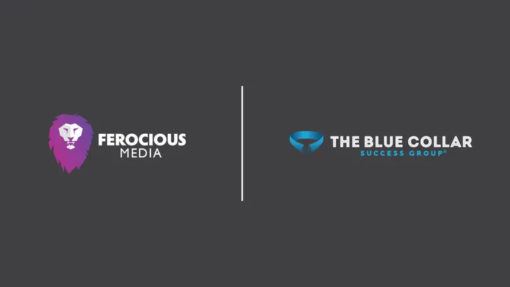 The logos of Ferocious Media and The Blue Collar Success Group side by side on a gray background