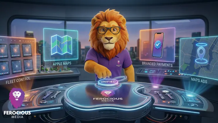A lion with the Ferocious Media logo on his purple polo pushing an Apple button, unifying Apple maps, Map ads, Branded payments, and fleet control
