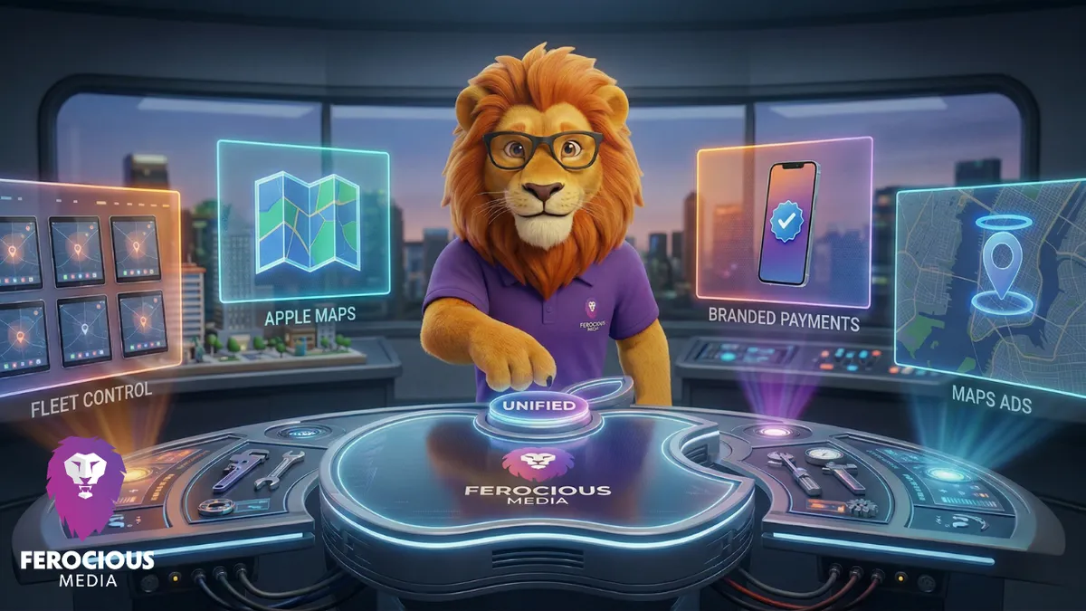 A lion with the Ferocious Media logo on his purple polo pushing an Apple button, unifying Apple maps, Map ads, Branded payments, and fleet control