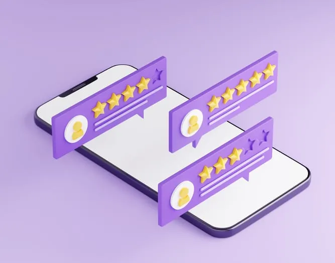 Customer review 3d render illustration - purple mobile phone with rating and comment on speech bubble.