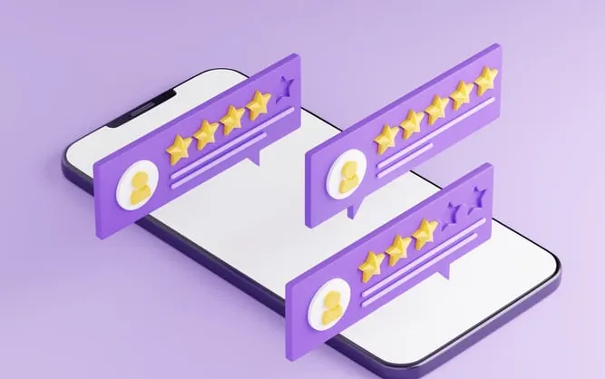 Customer review 3d render illustration - purple mobile phone with rating and comment on speech bubble.