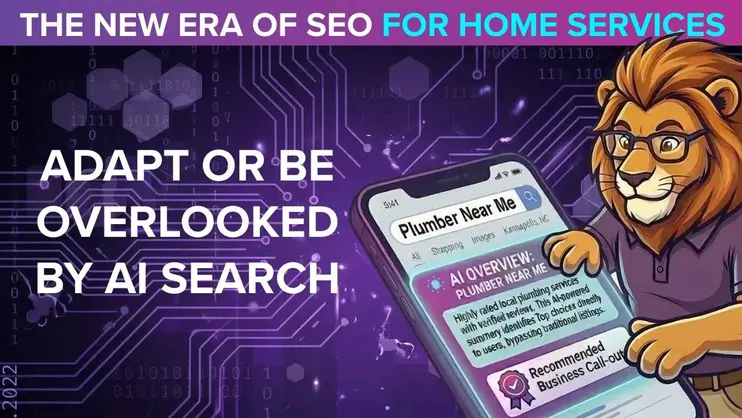 Artwork of a lion with a purple polo and glasses reviewing search results and AI overviews on a large cell phone
