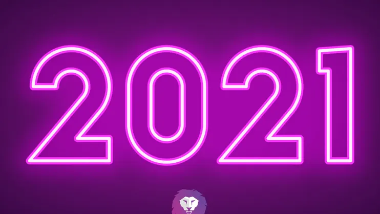 2021 in bright neon lights with ferocious media lion