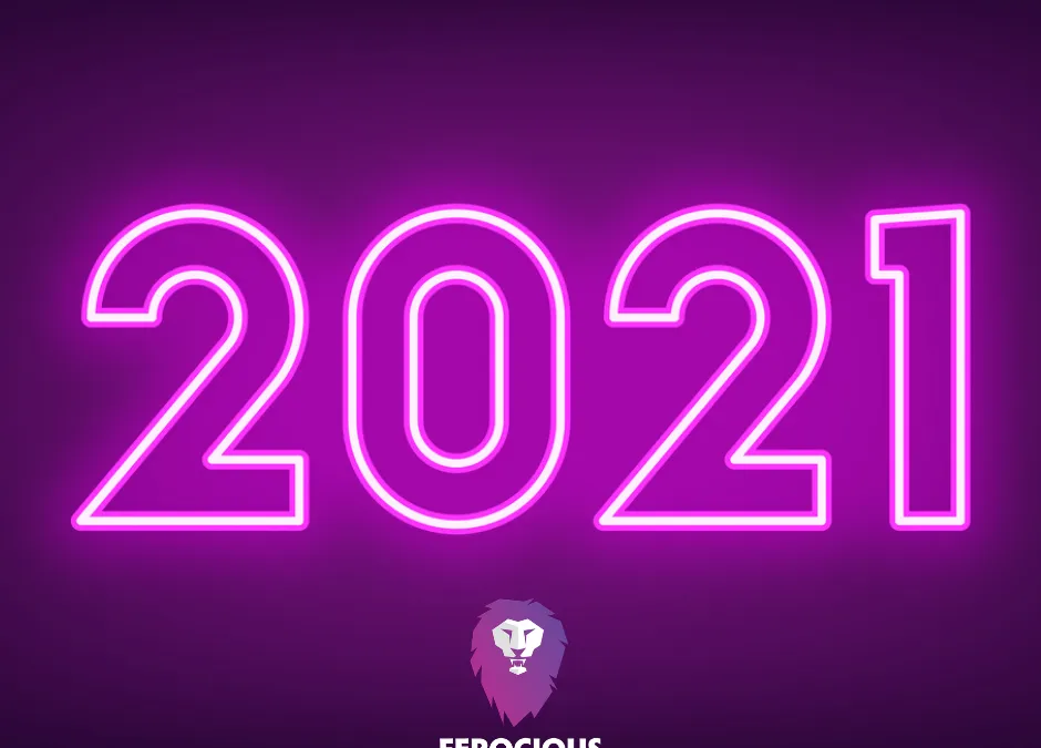 2021 in bright neon lights with ferocious media lion