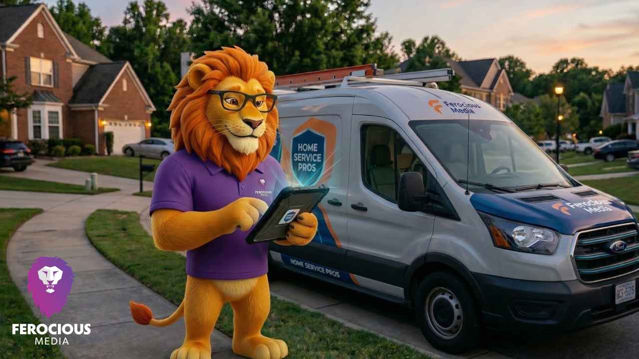 The Ferocious Media lion checking campaign results on a tablet beside a home service van
