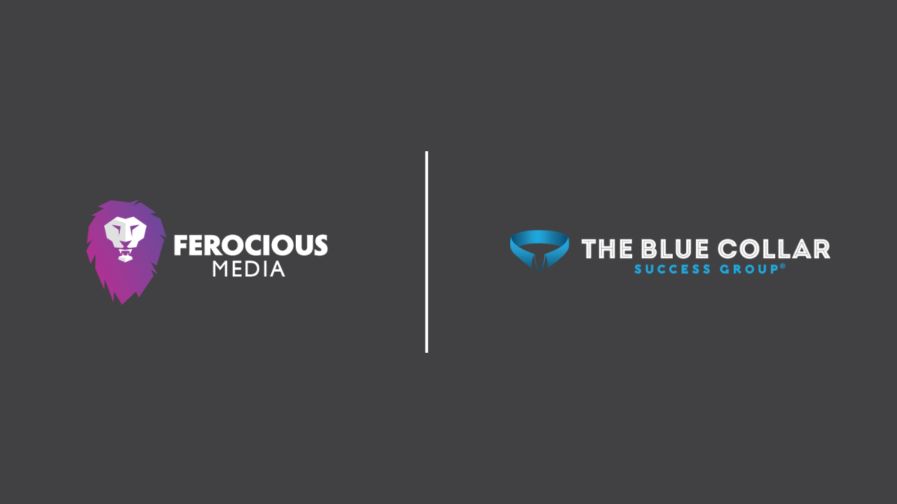 The logos of Ferocious Media and The Blue Collar Success Group side by side on a gray background